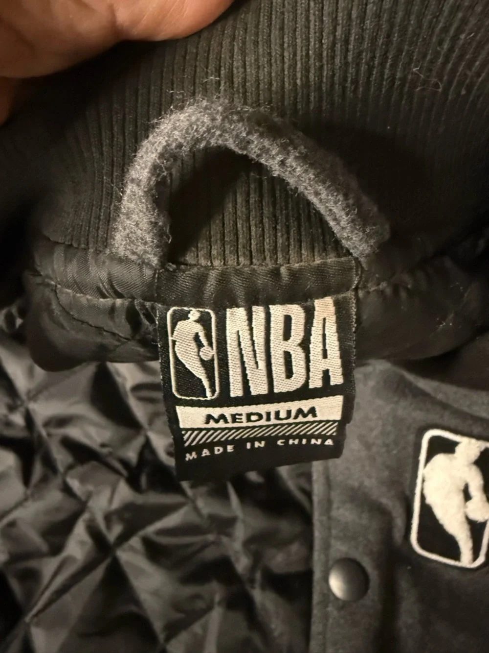 NBA Bomber Jacket Medium Gray Wool Black Faux Leather Sleeves Men’s Size Medium
